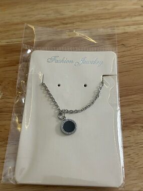 Fashion Jewelry Silver-Tone Chain Necklace with Black Round Pendant